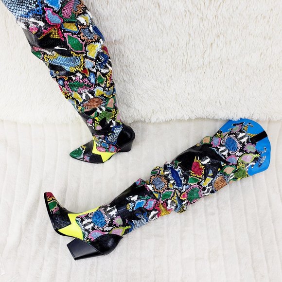 Kelsey / Hilda Western Thigh high slouch cowboy boots Multi Color Snake - Picture 9 of 12